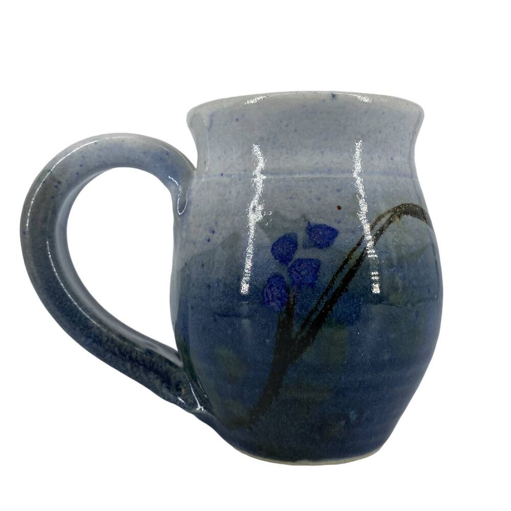 Pottery Mug Blue Signed Rustic Floral Design Coffee Tea Cup Ombre Studio Art